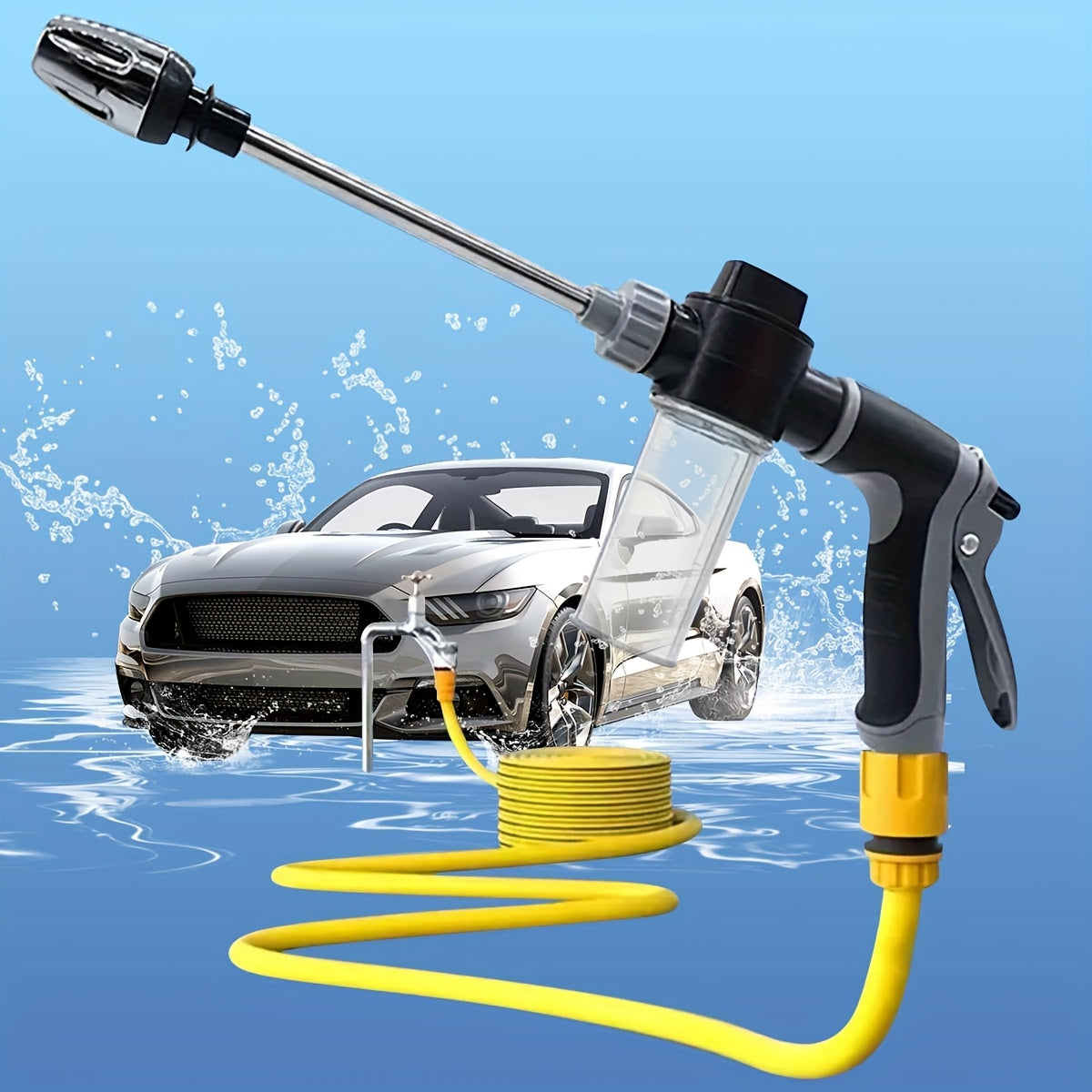 HighPeak ProClean high-pressure car wash gun with yellow hose and adjustable nozzle shown cleaning silver sports car with water splash