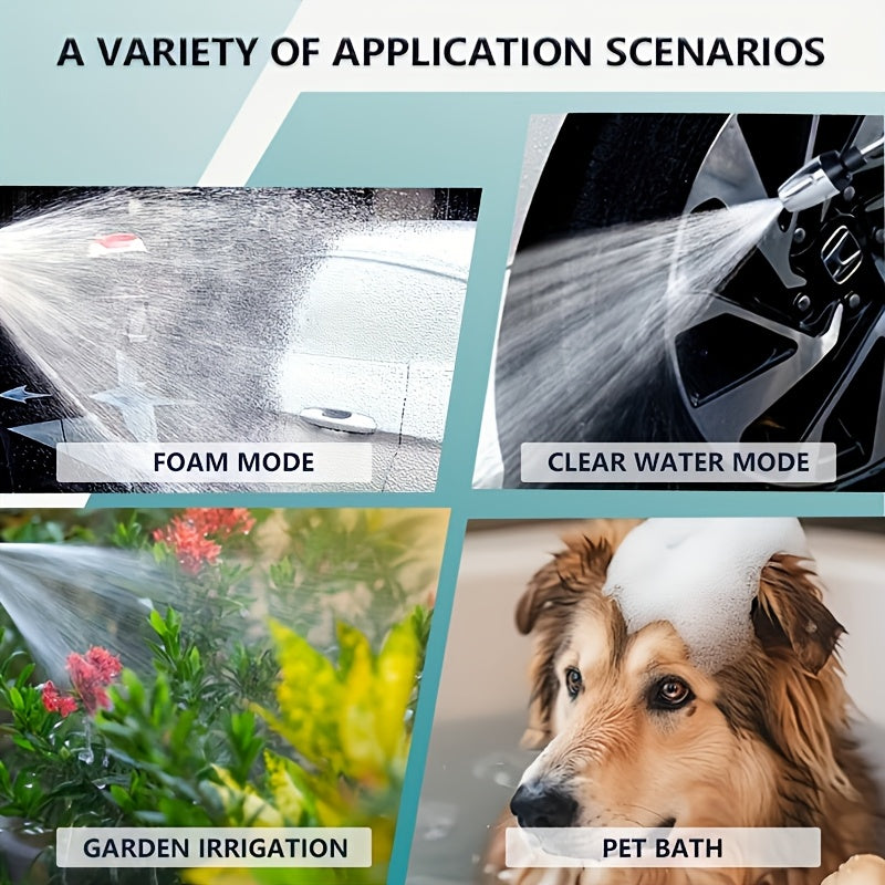 HighPeak ProClean pressure washer spray gun showing foam, clear water, garden, and pet washing modes in action grid layout