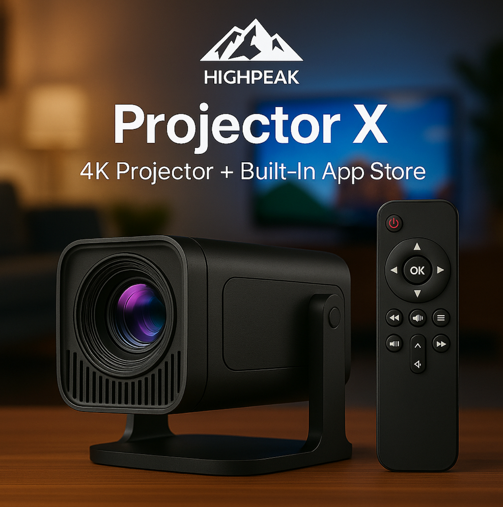 HighPeak Projector X 4K smart projector with remote control on wooden surface - compact black design with purple lens