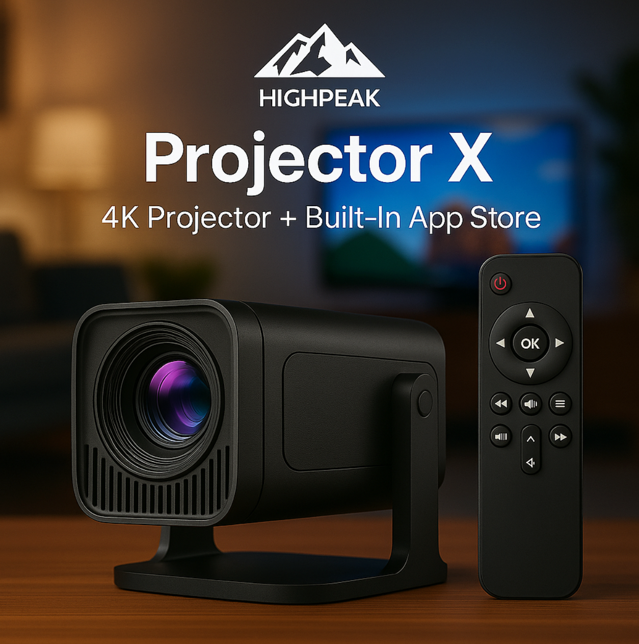 HighPeak Projector X 4K smart projector with remote control on wooden surface - compact black design with purple lens