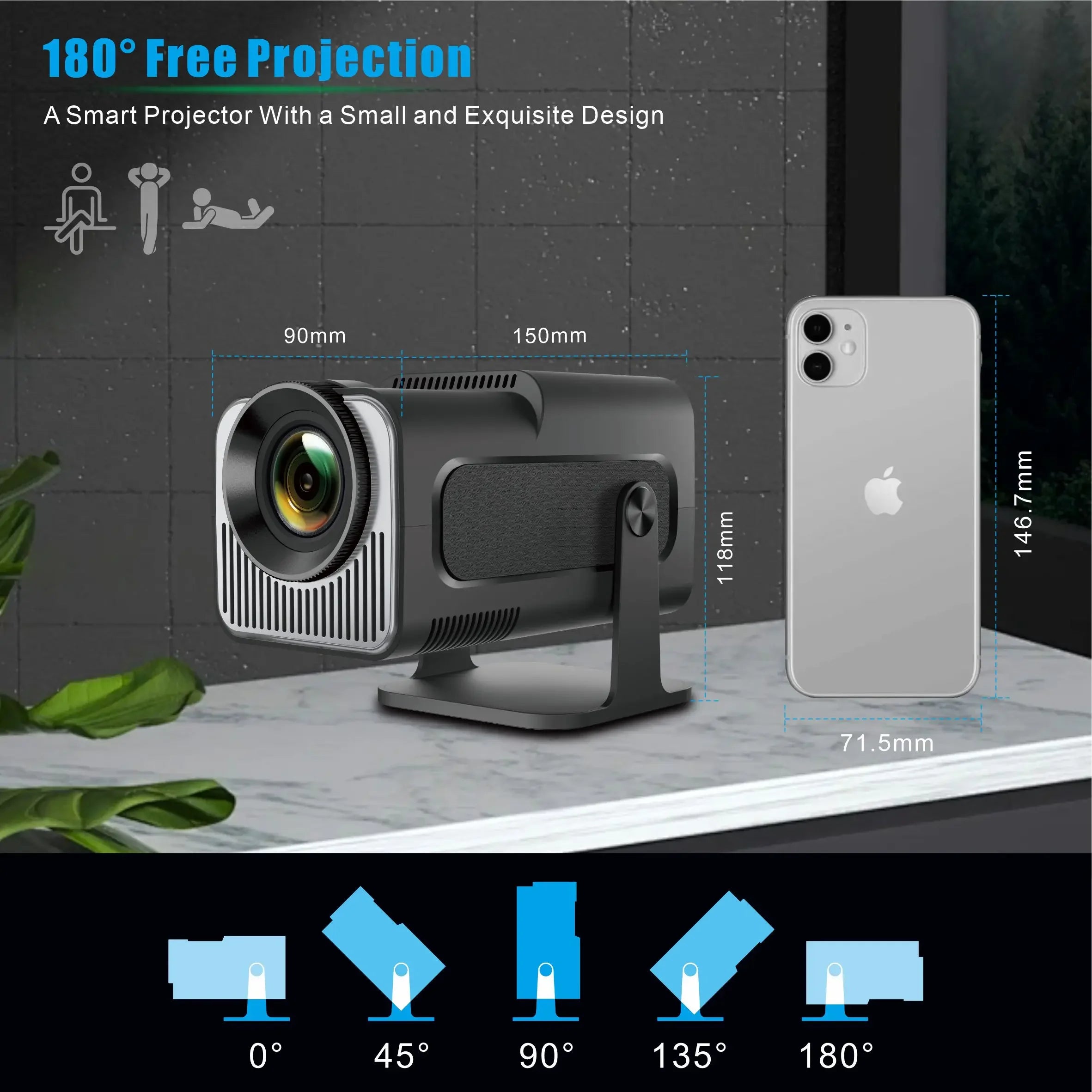 HighPeak Projector X compact smart projector shown with 180-degree rotation capability and size comparison to smartphone