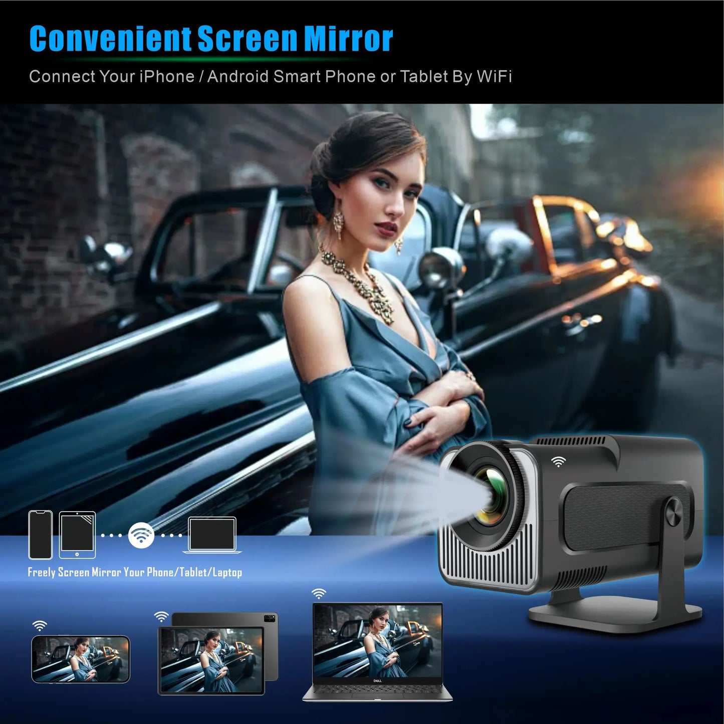 HighPeak Projector X displayed with WiFi screen mirroring interface showing multidevice connectivity in modern setup