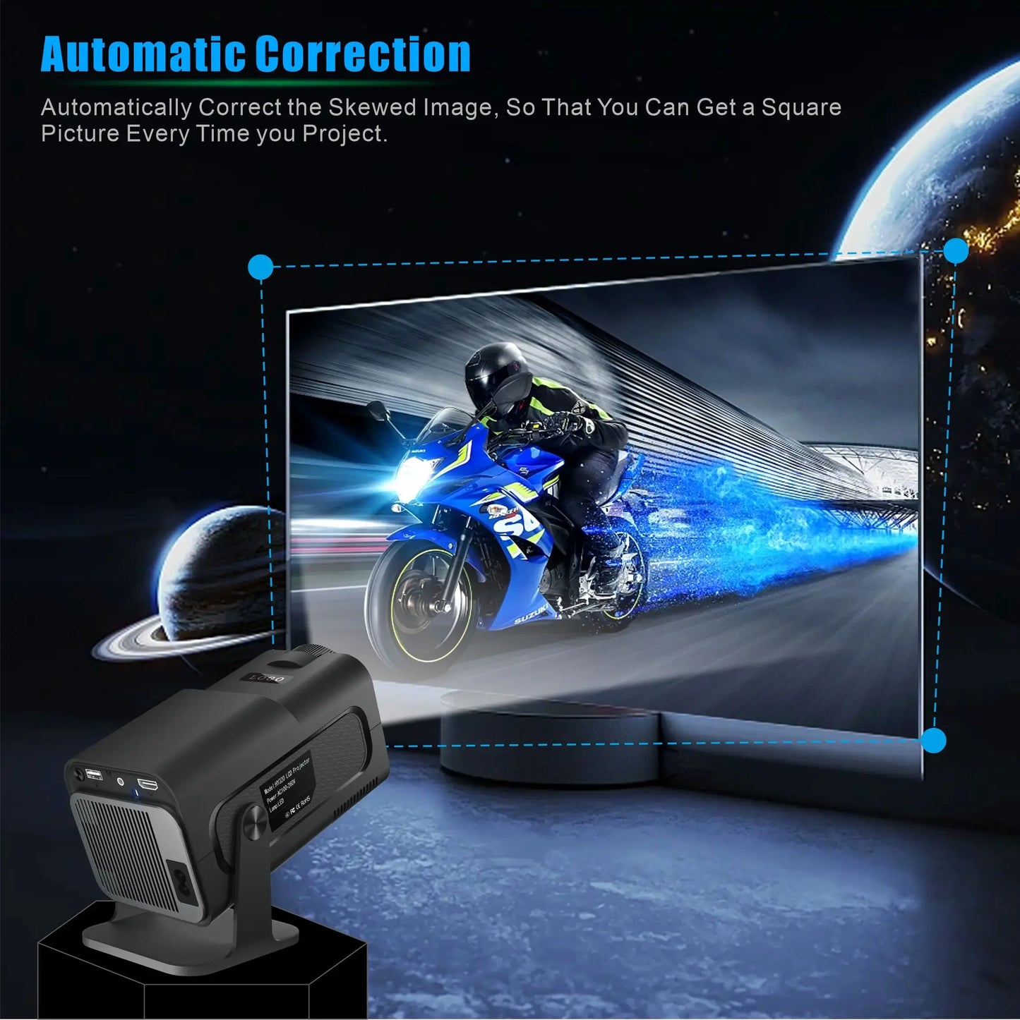 HighPeak Projector X displaying automatic keystone correction feature with motorcycle image on starry space background