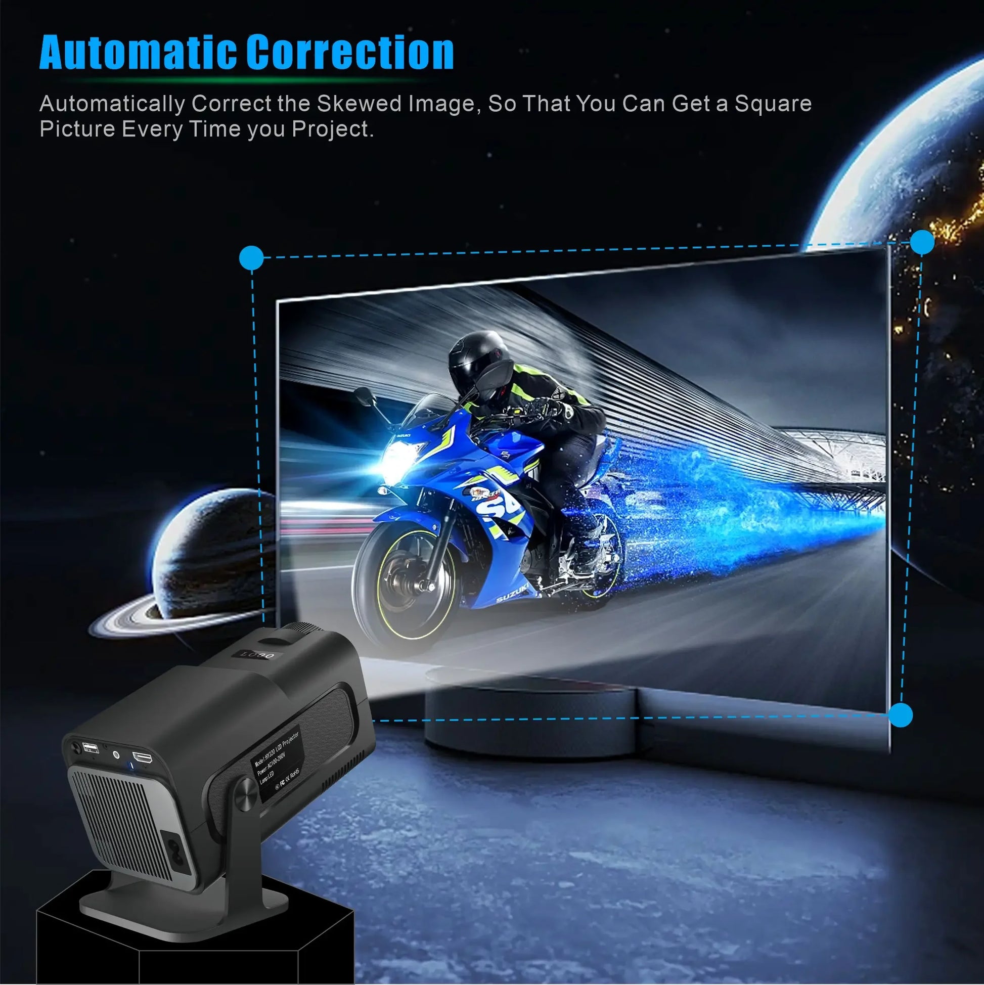 HighPeak Projector X displaying automatic keystone correction feature with motorcycle image on starry space background