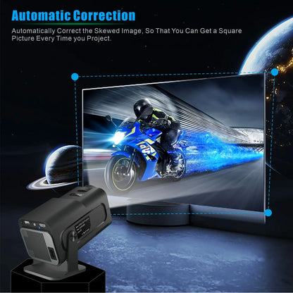 HighPeak Projector X displaying automatic keystone correction feature with motorcycle image on starry space background