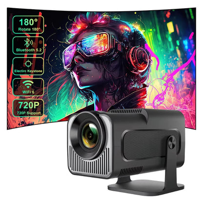 HighPeak Projector X in matte black finish with wide-angle lens and built-in speaker, displaying 720P projection capabilities
