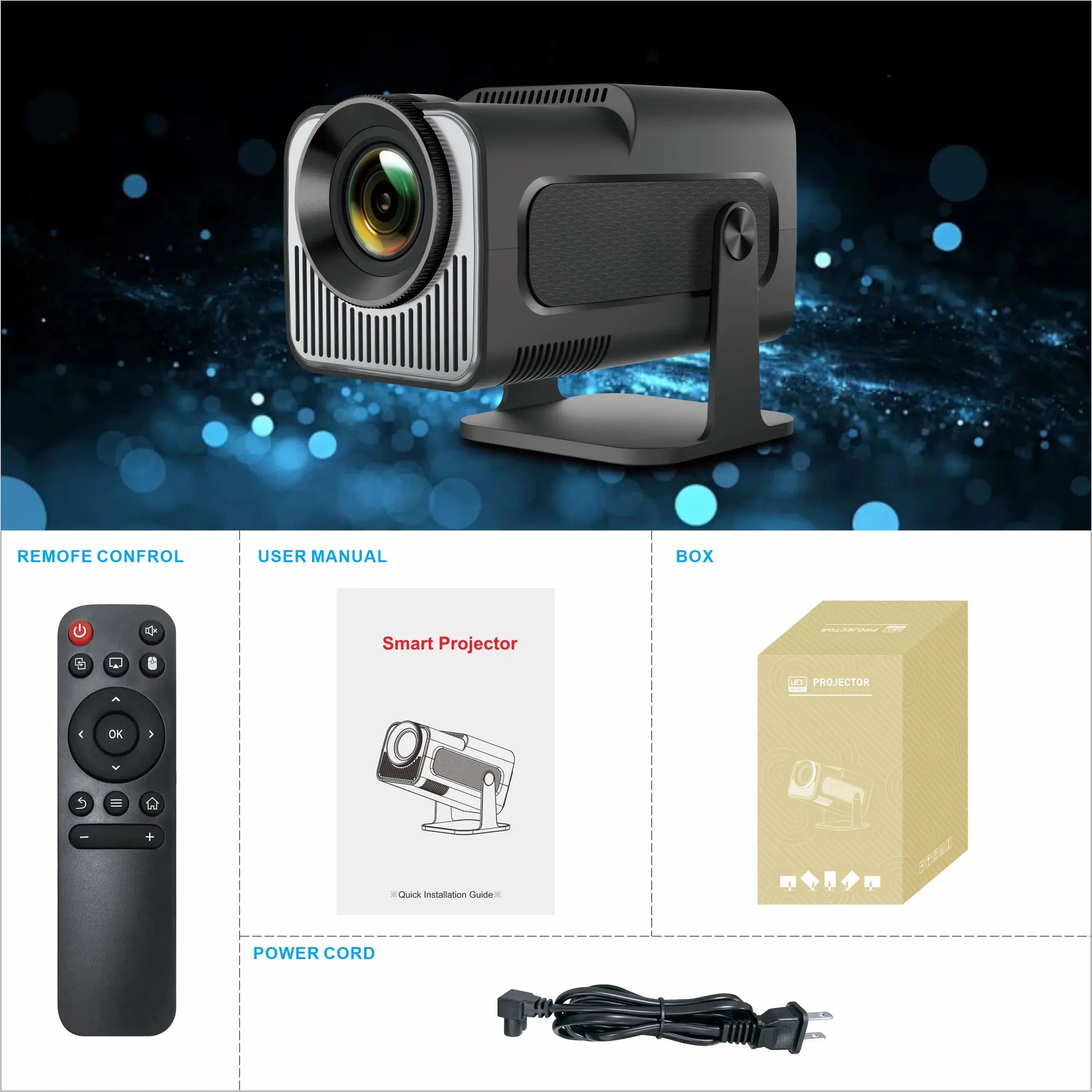 HighPeak Projector X smart 4K projector with remote control, user manual, power cord and retail box on blue background