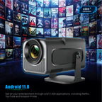 HighPeak Projector X with sleek black design against movie streaming interface background showcasing Android 11 functionality