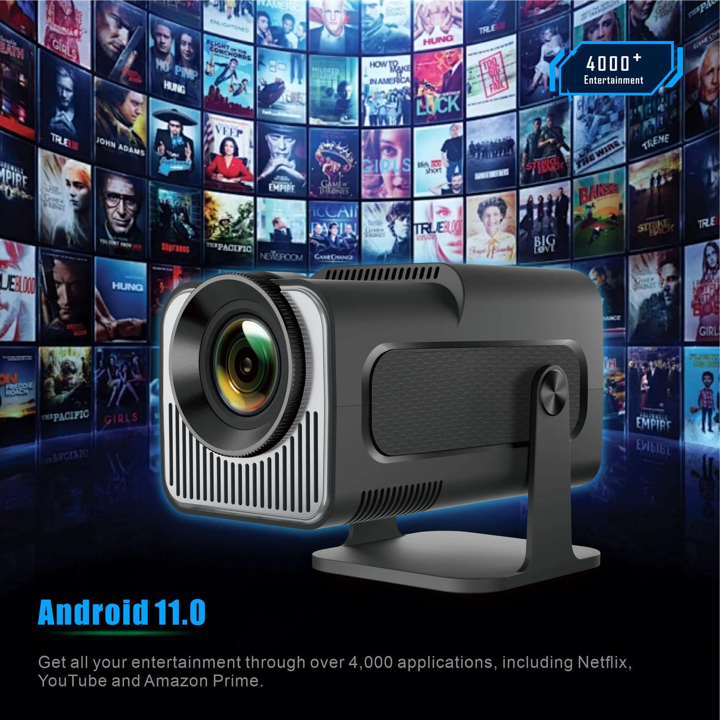 HighPeak Projector X with sleek black design against movie streaming interface background showcasing Android 11 functionality