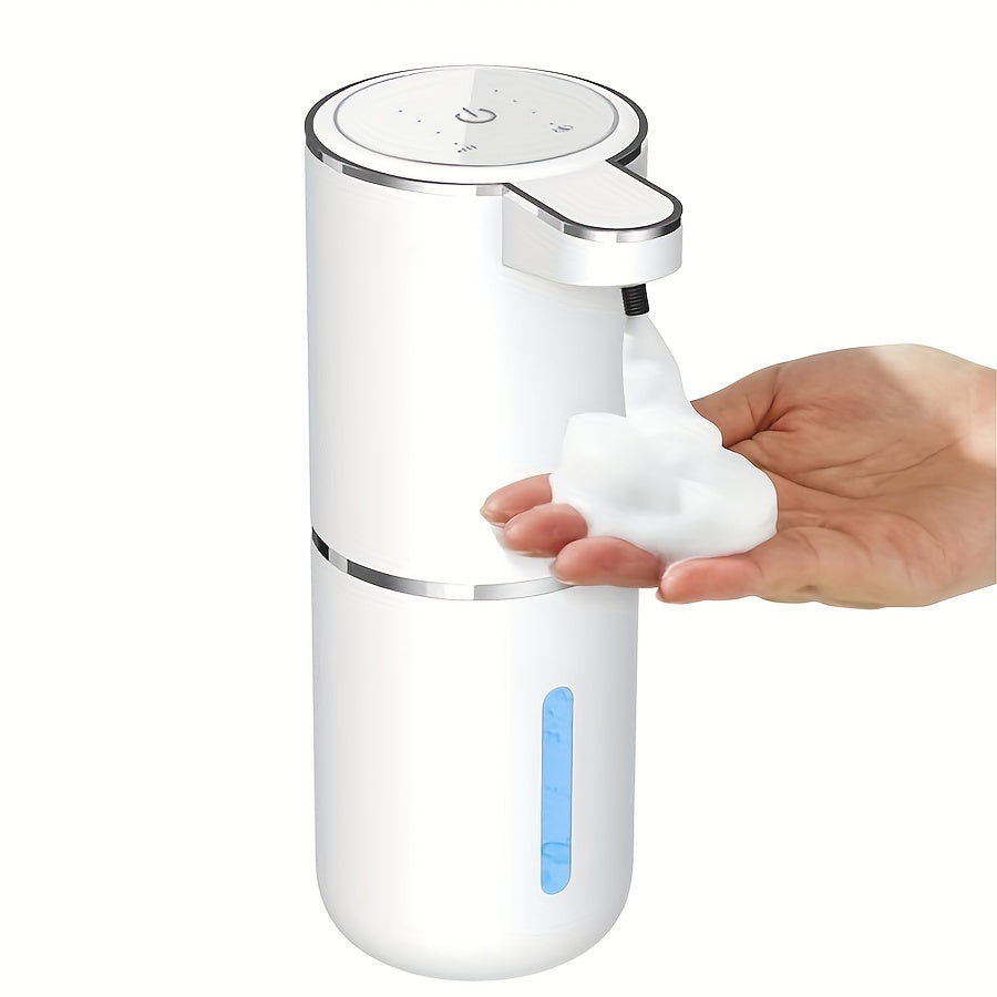 HighPeak PureTouch automatic soap dispenser in white dispensing foam soap with blue level indicator and touch-free sensor