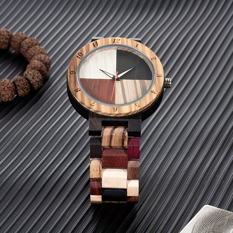 HighPeak QuadraWood watch featuring multitone wooden dial and band on grey textured surface - elegant artisan timepiece