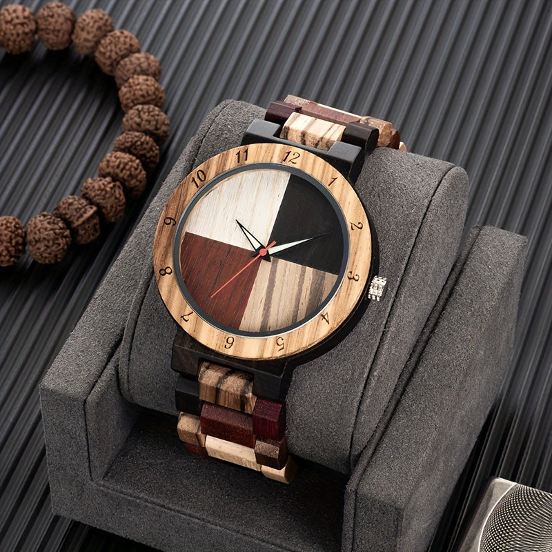 HighPeak QuadraWood watch with multitone wooden dial and band displayed on grey cushion with beaded bracelet