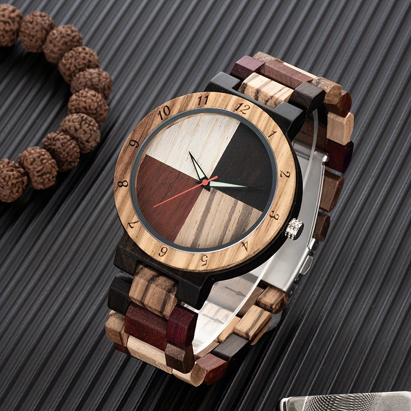 HighPeak QuadraWood wooden watch with multitone dial and mixed wood band displayed on dark textured surface with bracelet