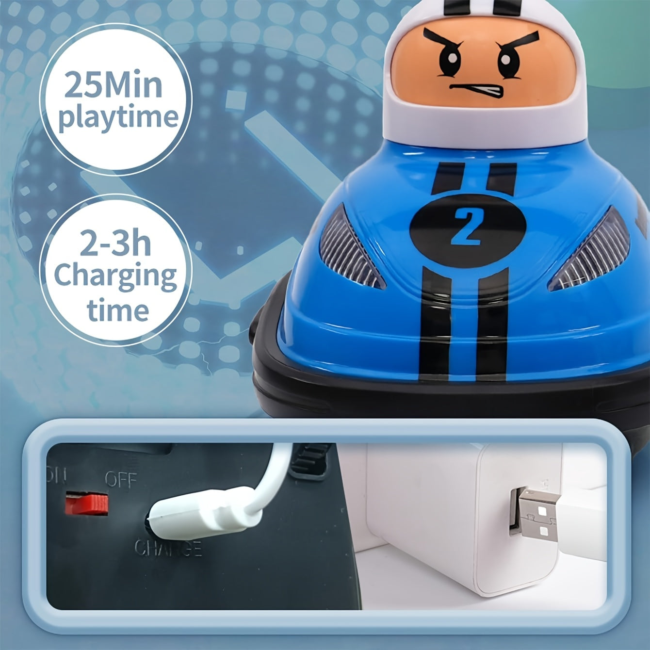 HighPeak RC Bumper Car in blue with racing stripes and cartoon driver - USB charging and play features shown