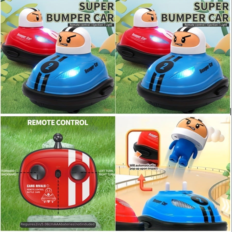 HighPeak RC Bumper Cars set with red and blue cars, LED lights, remote control, and pop-up drivers on grass and indoor track
