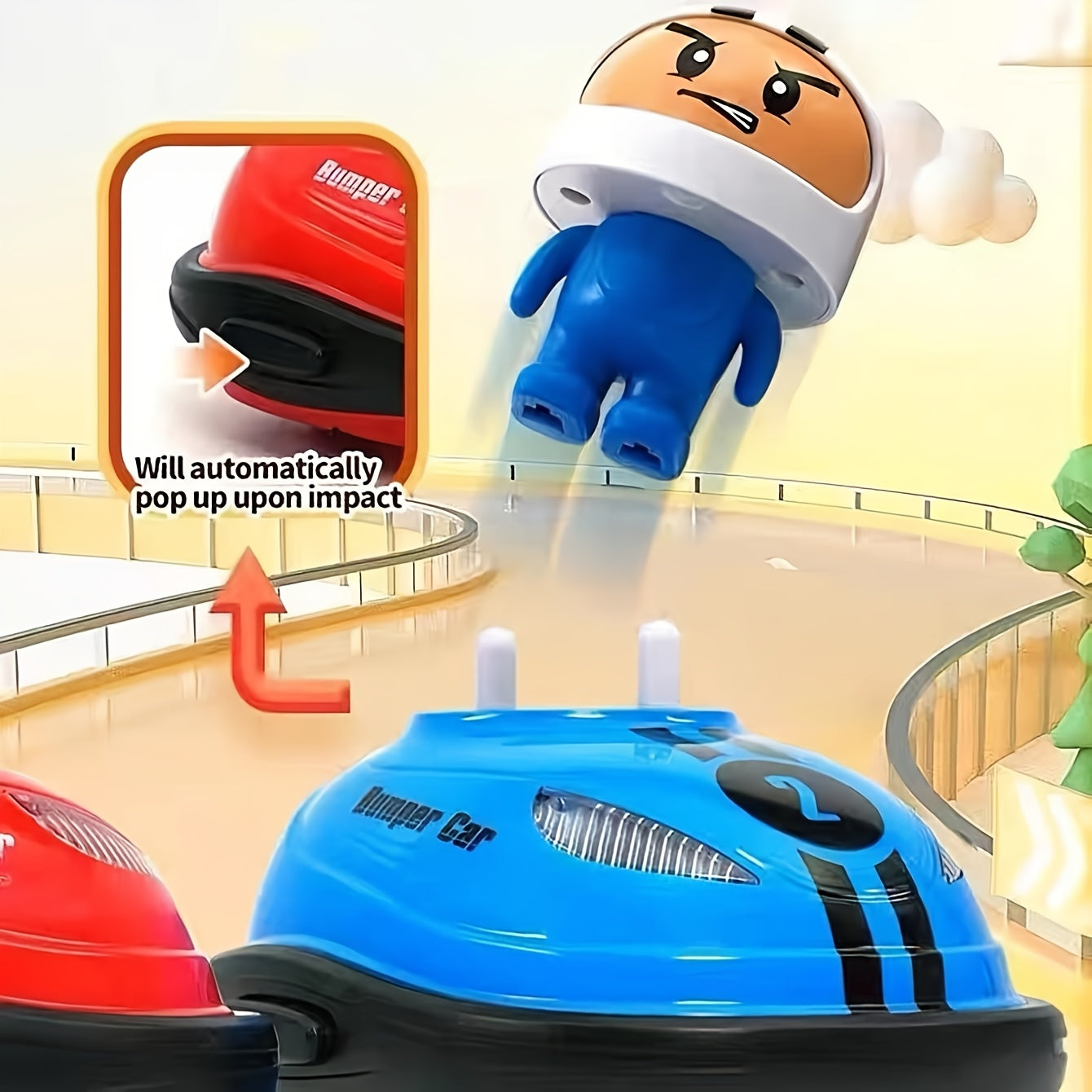 HighPeak RC Bumper Cars with pop-up drivers - red and blue racing cars with ejecting cartoon figures on track arena