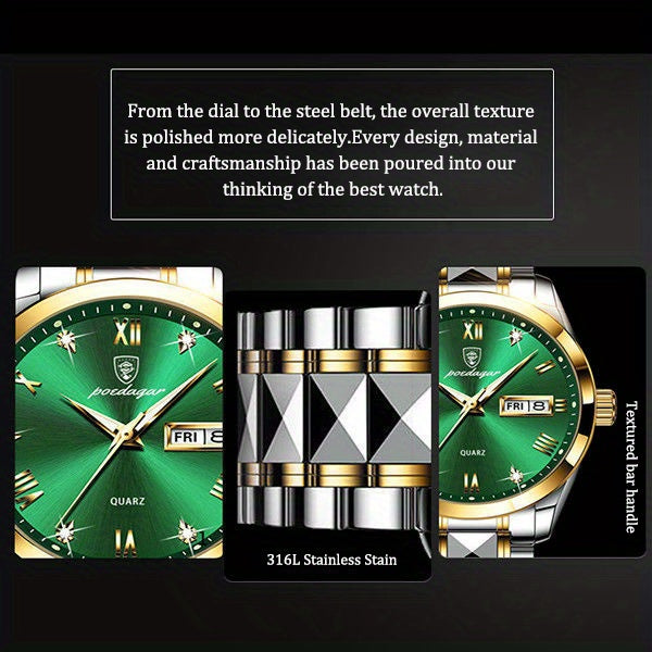 HighPeak RegalTime luxury quartz watch with emerald green dial, gold-silver two-tone band, and luminous Roman numerals