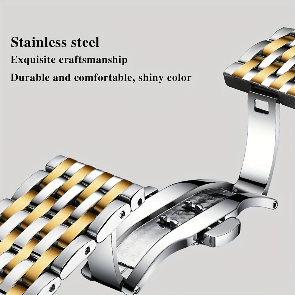 HighPeak RegalTime luxury watch band in two-tone silver and gold stainless steel with premium folding clasp detail