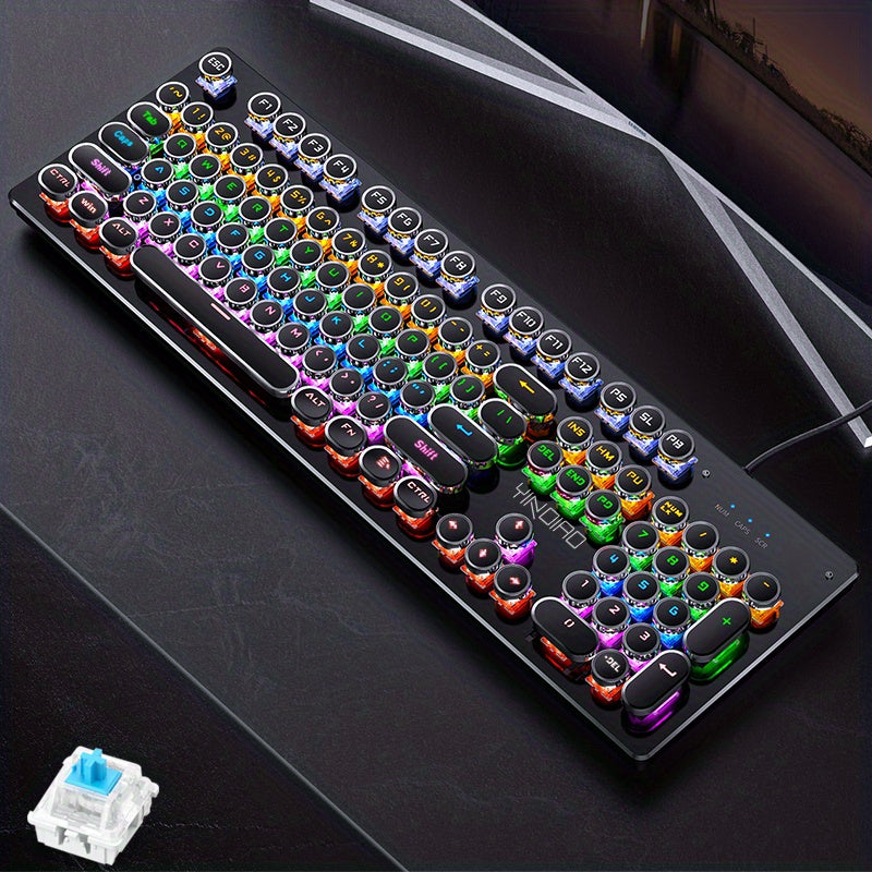 HighPeak RetroGlow Mechanical Keyboard with RGB backlit round keycaps displaying vibrant rainbow colors on black surface
