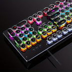 HighPeak RetroGlow keyboard displaying vibrant rainbow RGB backlighting with vintage-style round keycaps on black surface