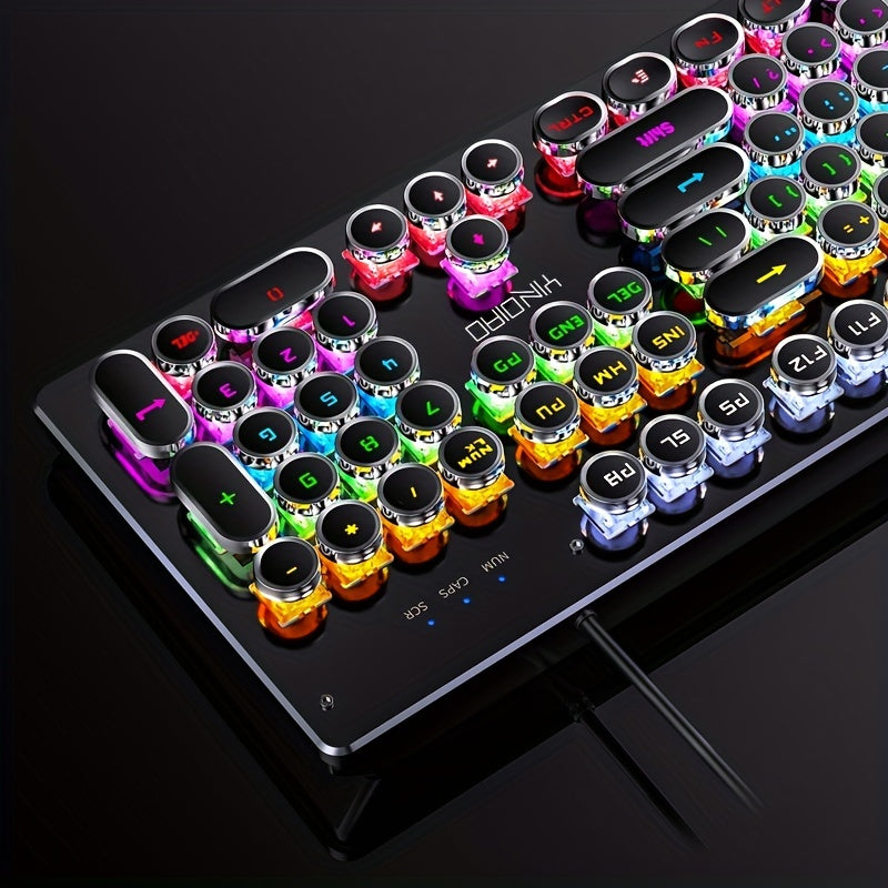 HighPeak RetroGlow keyboard displaying vibrant rainbow RGB backlighting with vintage-style round keycaps on black surface