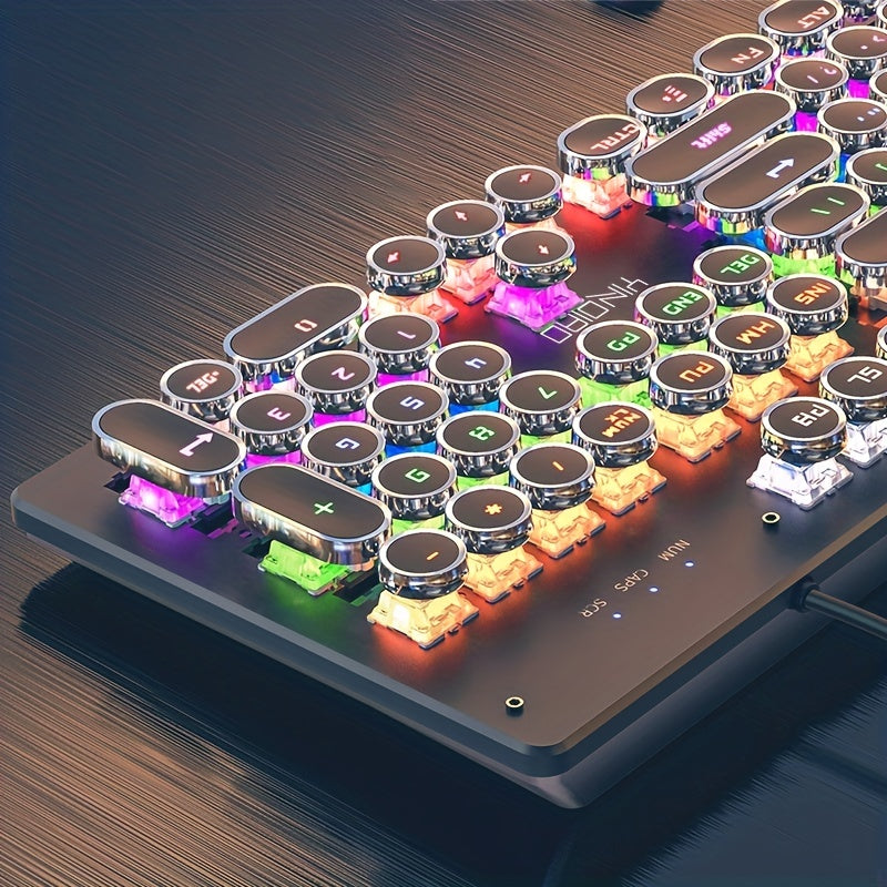 HighPeak RetroGlow mechanical keyboard with RGB backlit round keycaps displayed on wooden surface with multicolor illumination