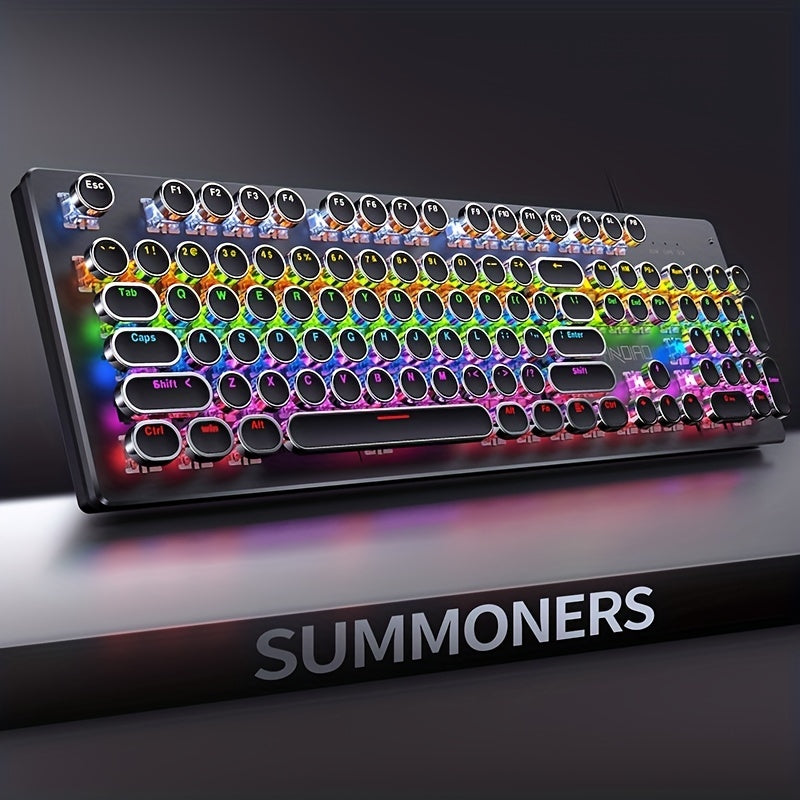 HighPeak RetroGlow mechanical keyboard with rainbow RGB backlighting and vintage round keycaps displayed on black surface