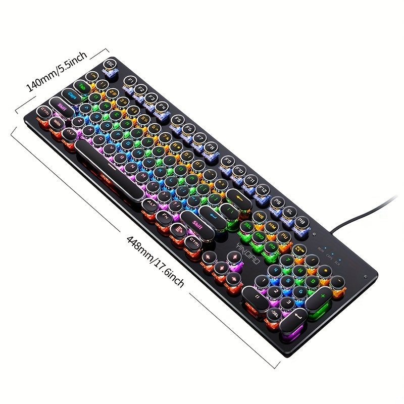 HighPeak RetroGlow mechanical keyboard with rainbow RGB backlit round keycaps on black base - vintage gaming style
