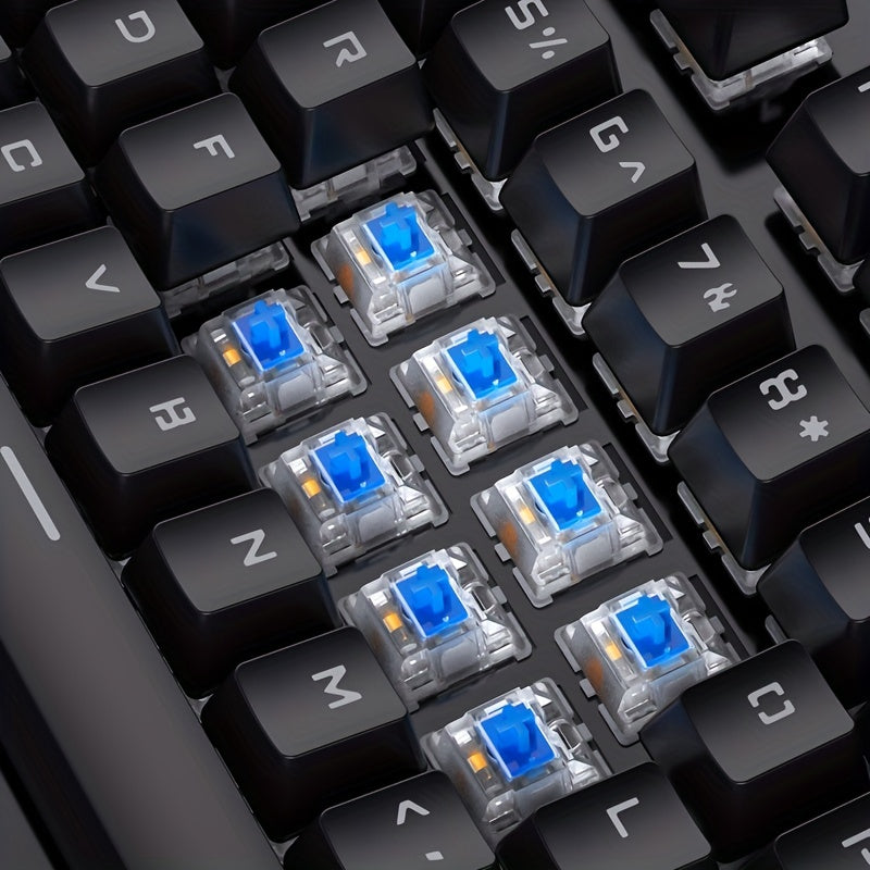 HighPeak RetroGlow mechanical keyboard with transparent blue switches and black keycaps - detailed close-up view of gaming keys