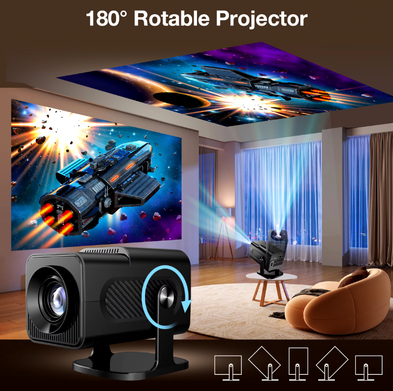 HighPeak RetroX Projector displaying space battle scene on wall and ceiling in modern living room with 180-degree rotation feature
