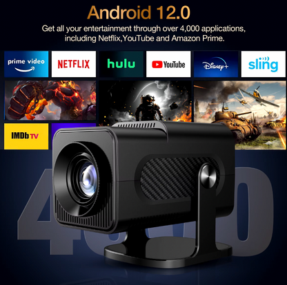 HighPeak RetroX Projector in sleek black design with streaming apps display - 4K home entertainment setup with Android 12.0