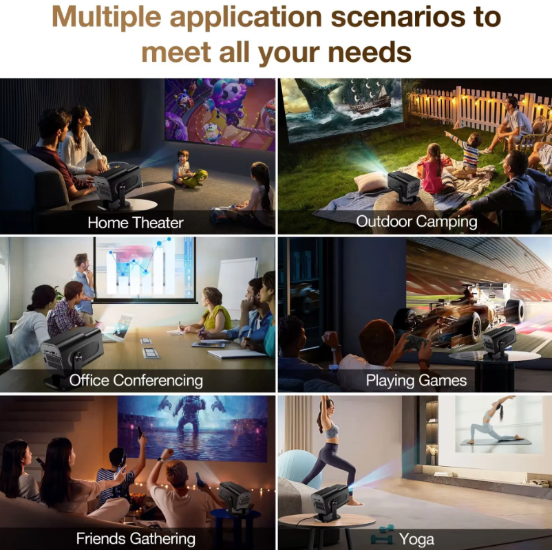 HighPeak RetroX Projector shown in multiple use scenarios: home theater, outdoor camping, office meetings, gaming, social gatherings and fitness