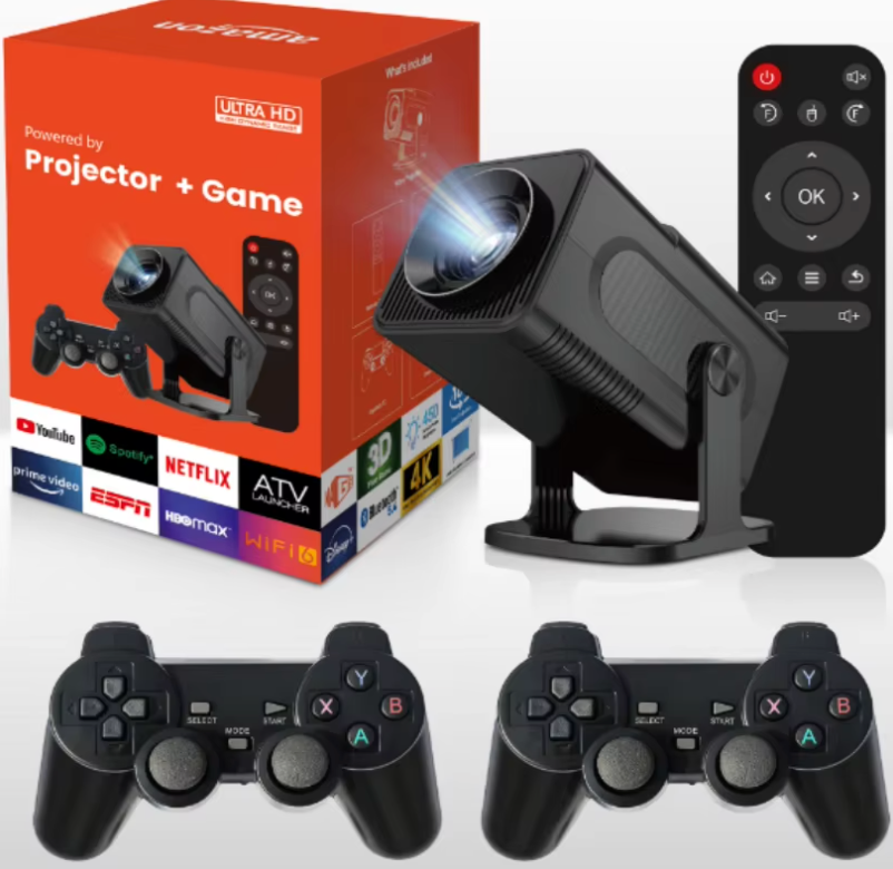 HighPeak RetroX Projector with two game controllers and remote, showing 4K HD lens and streaming apps on product box