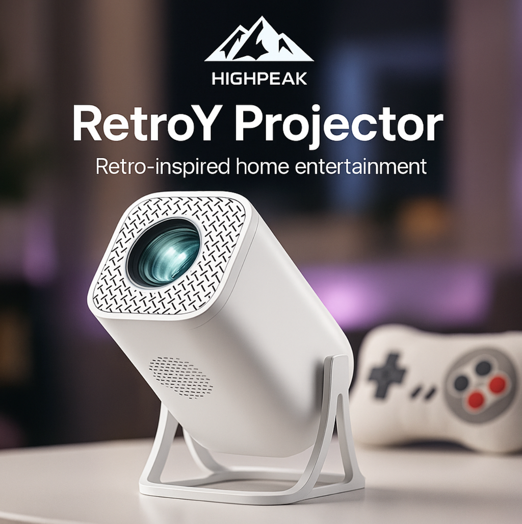 HighPeak RetroY Projector in white with textured lens housing and retro gaming controller - compact home entertainment setup
