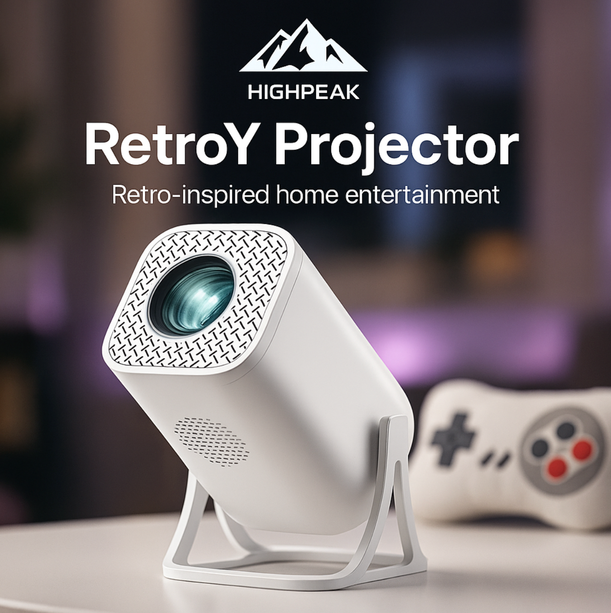 HighPeak RetroY Projector in white with textured lens housing and retro gaming controller - compact home entertainment setup