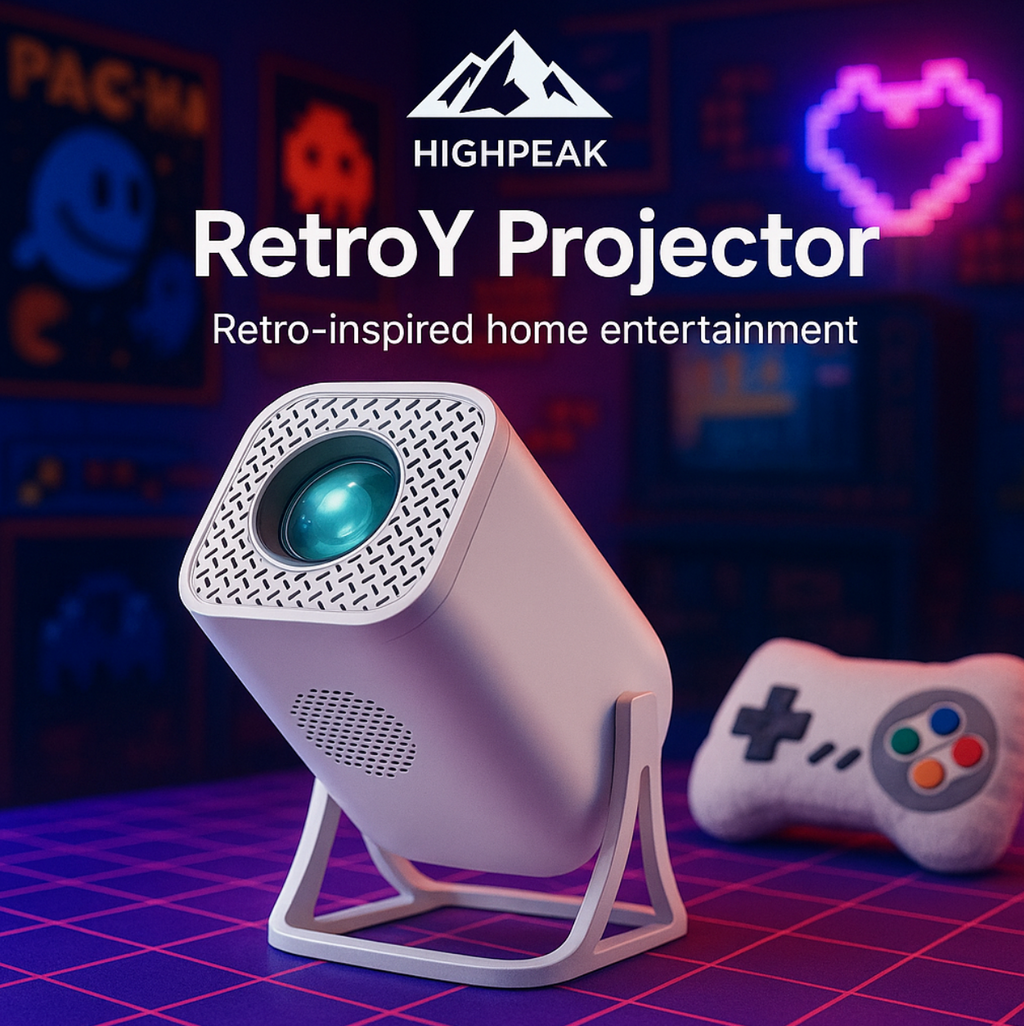 HighPeak RetroY Projector with retro gaming controller on neon grid background showcasing compact white design and blue lens