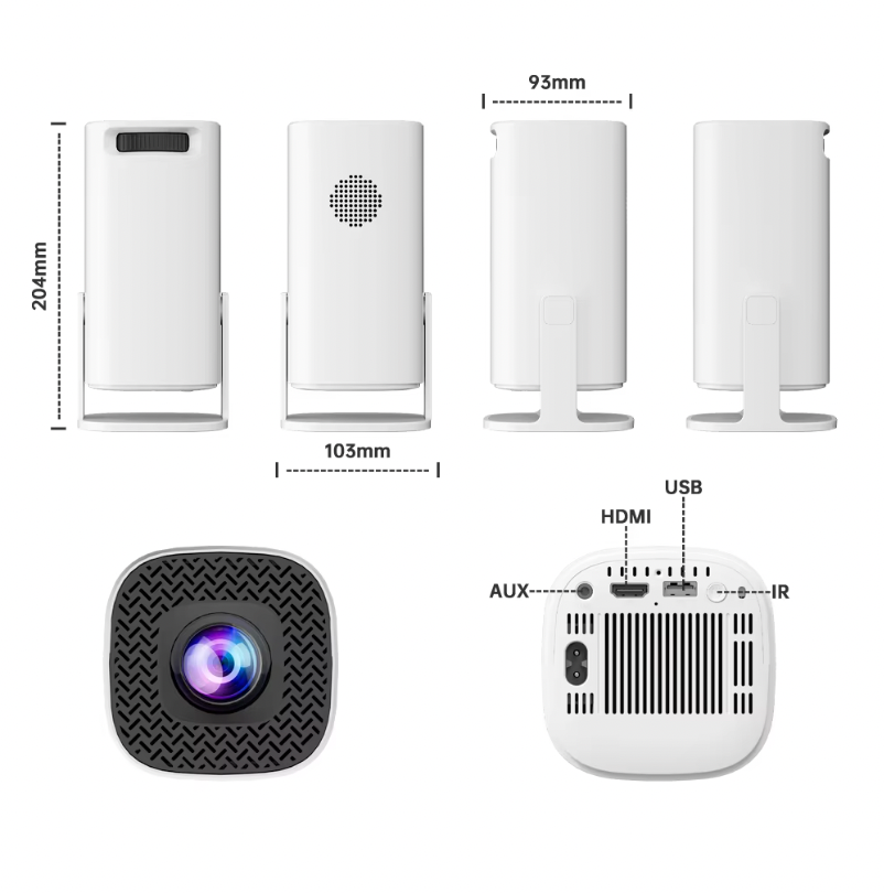 HighPeak RetroY Projector in white with HDMI ports, built-in speaker and compact design showing product dimensions