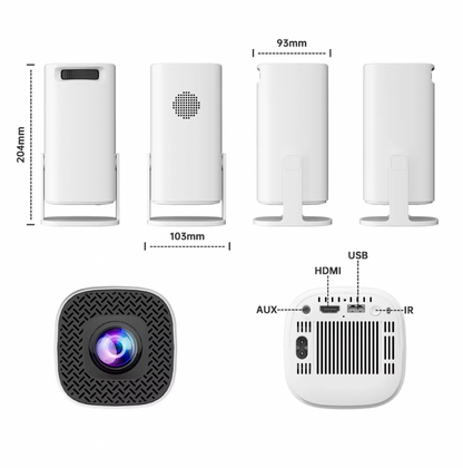 HighPeak RetroY Projector in white with HDMI ports, built-in speaker and compact design showing product dimensions