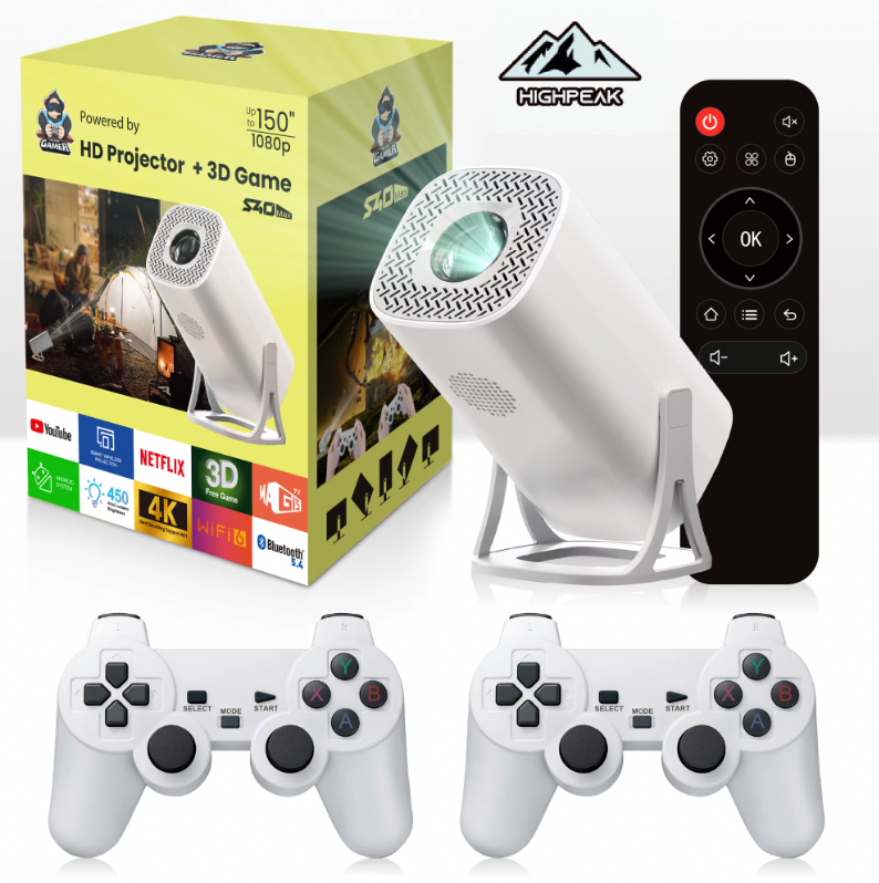 HighPeak RetroY Projector in white with dual controllers and remote - complete 4K gaming entertainment system on product packaging
