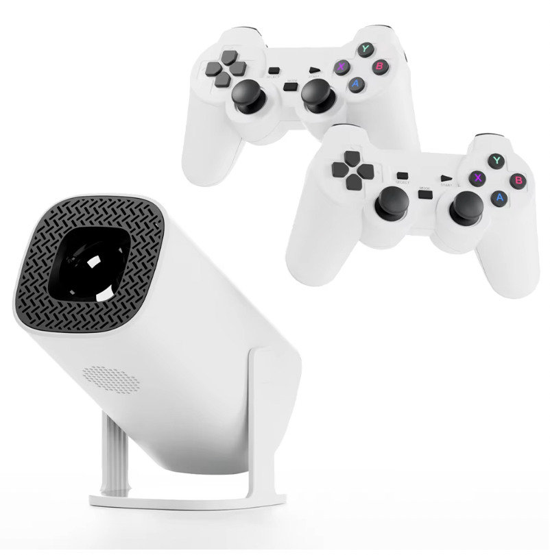 HighPeak RetroY Projector in white with dual wireless controllers - compact gaming setup with patterned lens design