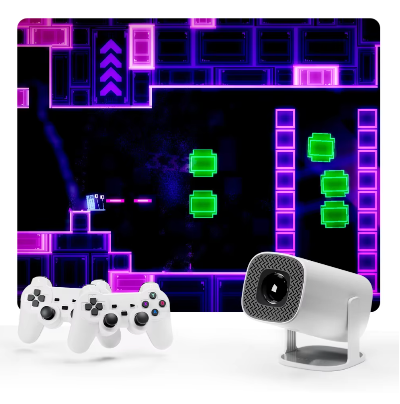 HighPeak RetroY Projector with white controllers displaying neon retro game interface - compact gaming setup