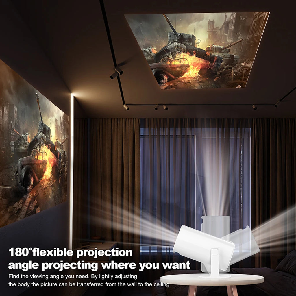 HighPeak RetroZ projector displaying gaming scene with 180-degree flexible angle mount in dark room with wall and ceiling projection