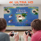 HighPeak RetroZ projector displaying classic 1944 arcade game with two players gaming on large wall projection in HD