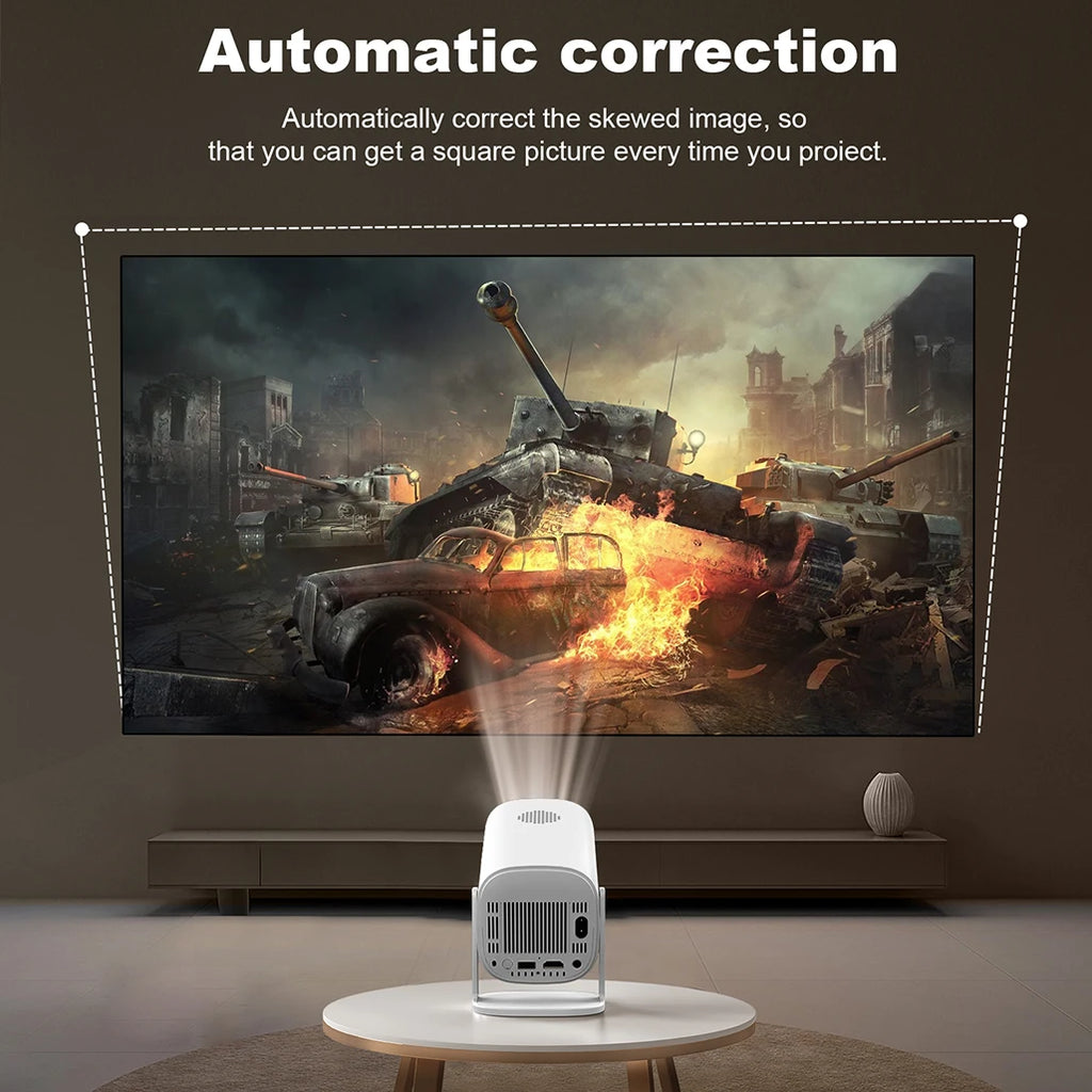 HighPeak RetroZ projector displaying action game scene on large screen with automatic keystone correction feature in white design