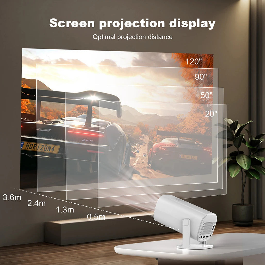 HighPeak RetroZ projector displaying screen size comparison with racing game image on gray wall - home theater setup