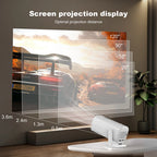 HighPeak RetroZ projector displaying screen size comparison with racing game image on gray wall - home theater setup