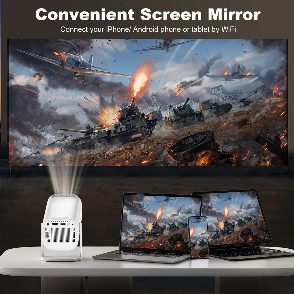 HighPeak RetroZ projector displaying epic battle scene with smartphone and laptop screen mirroring on white desk setup