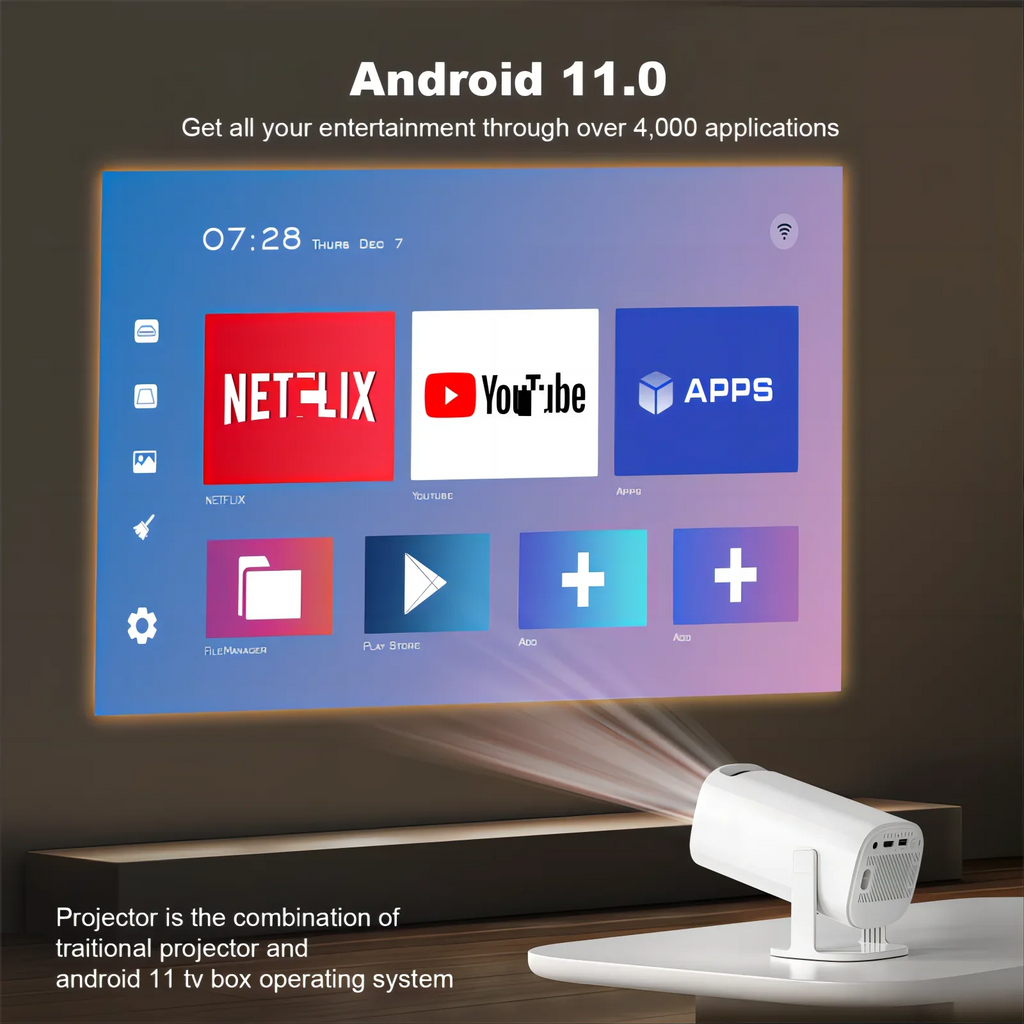 HighPeak RetroZ projector displaying Android 11 interface with Netflix and YouTube apps on white wall - smart streaming setup