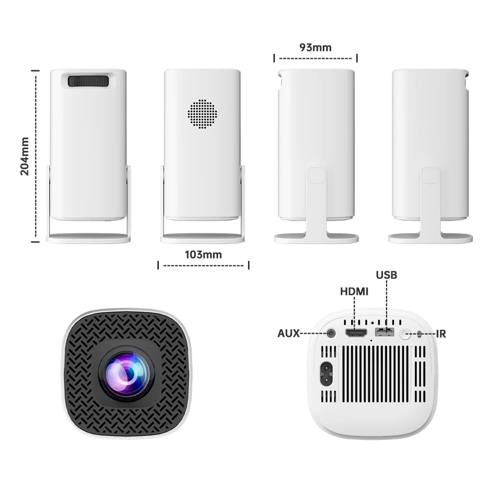 HighPeak RetroZ projector product dimensions and ports - compact white design with HDMI, USB, and AUX connections