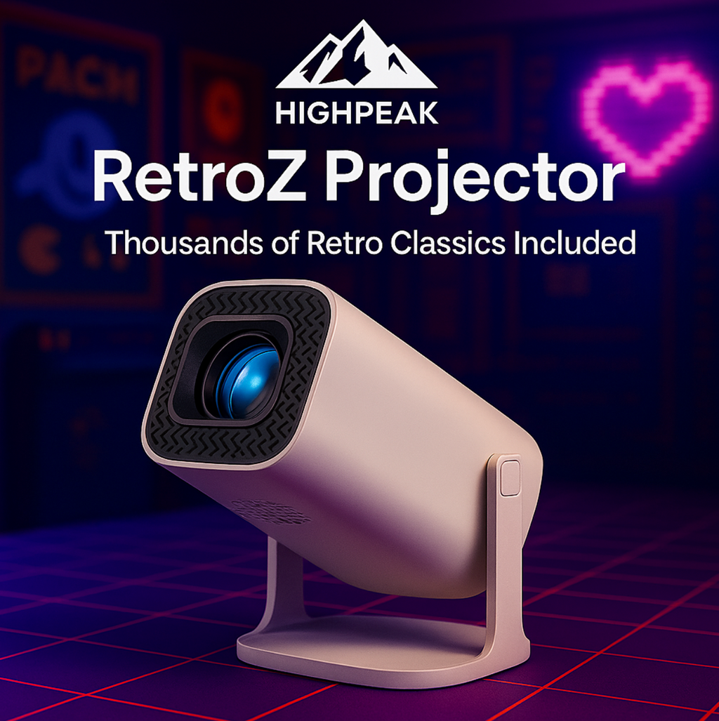 HighPeak RetroZ projector in rose gold with blue lens displayed on retro grid background with neon heart lighting